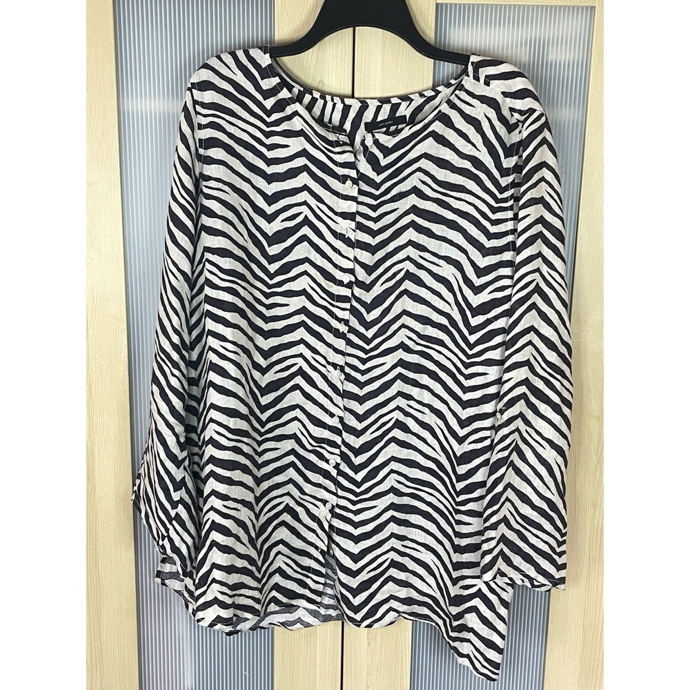 Tahari Zebra Print Linen Button Down Blouse Black Tan Top Plus XXL Boho Resort